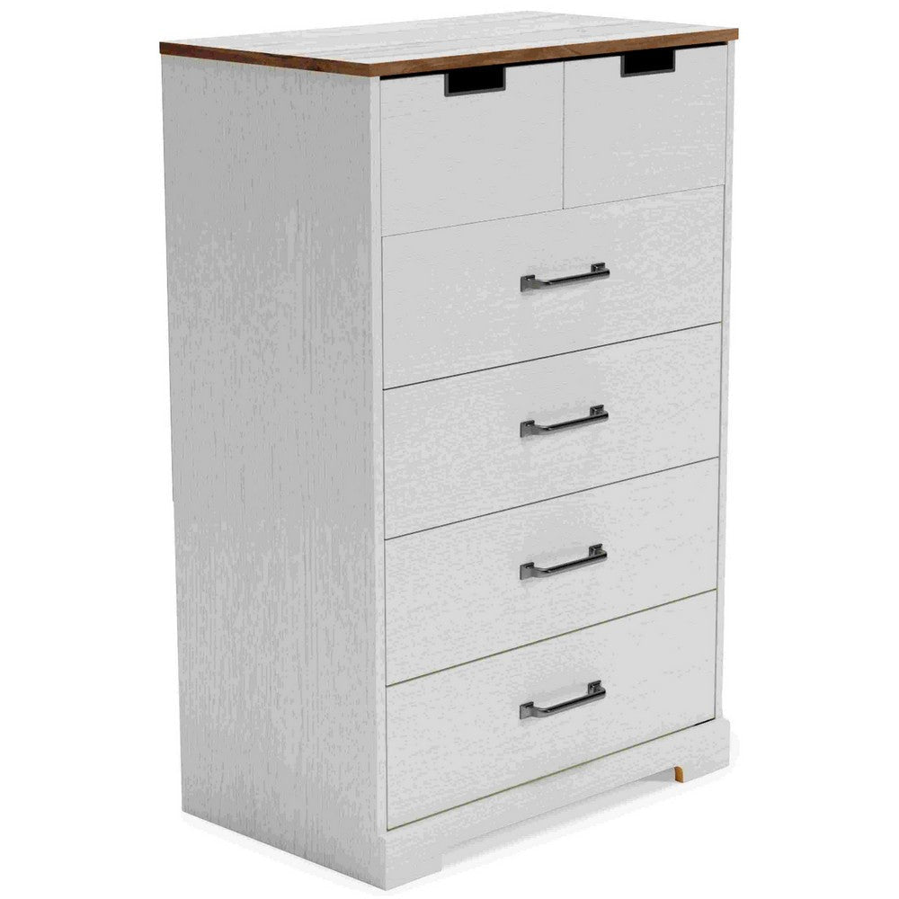 Chest with 5 Drawers and Cut Out Pulls, Brown and White By Casagear Home