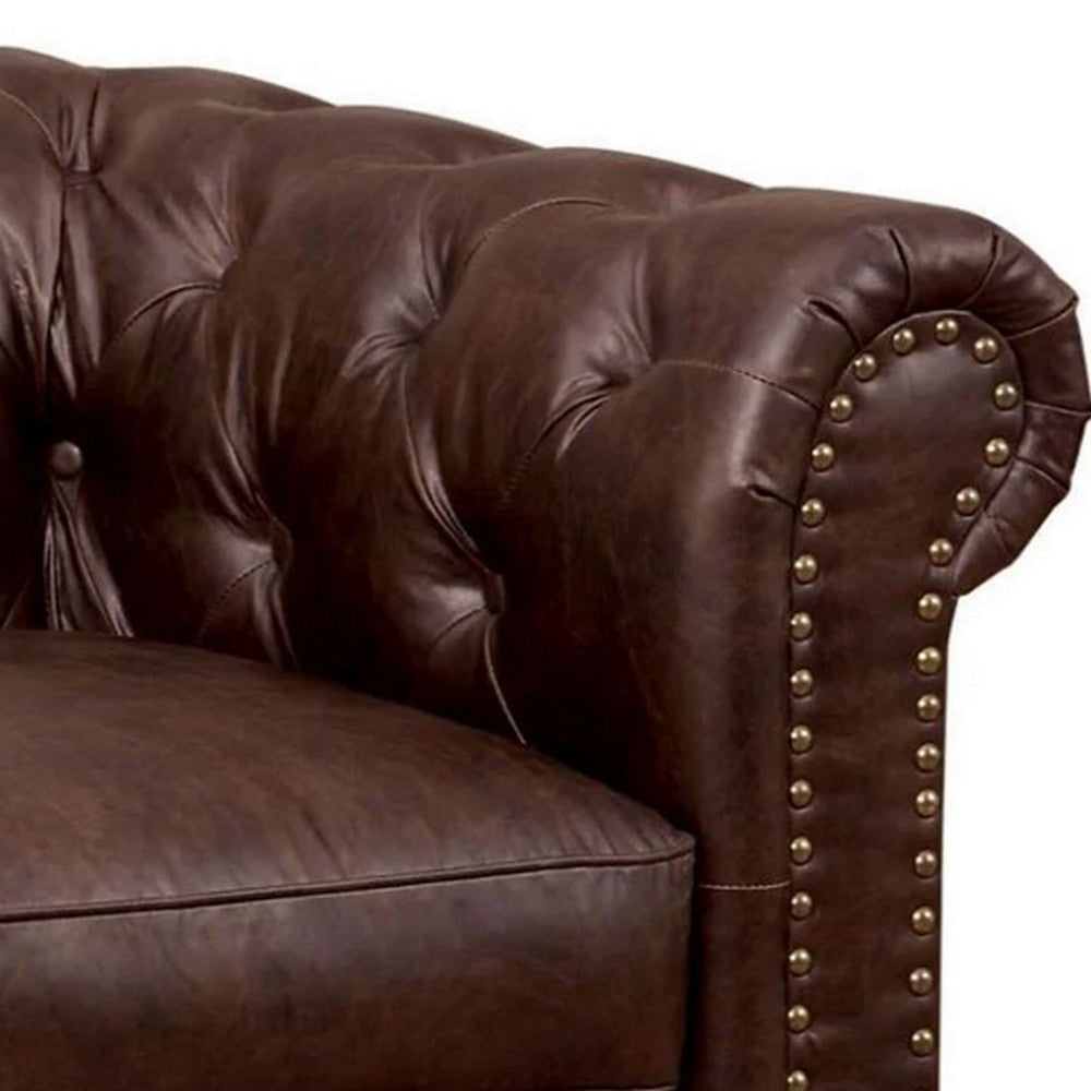 Loveseat with Button Tufted Backrest and Rolled Design Arms Brown