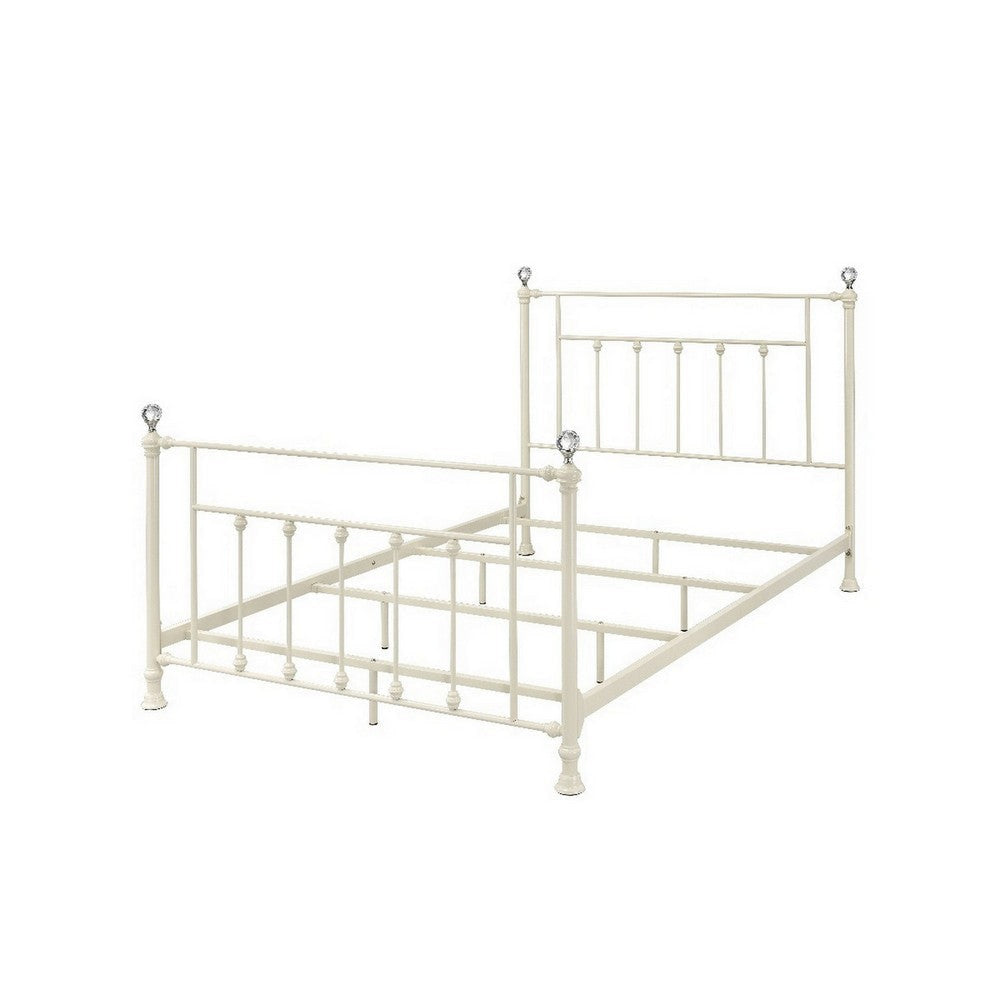 Rectangular Metal Full Size Bed with Crystal Trims, White