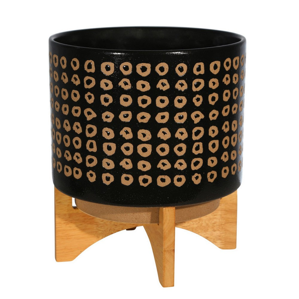 Planter with Wooden Stand and Abstract Design, Large, Black By Casagear Home