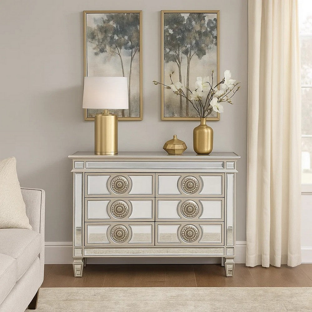 Vivian Server | 6 Mirrored Drawers | Medallion Front | Silver