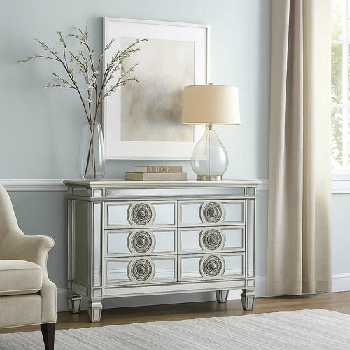 Vivian Server | 6 Mirrored Drawers | Medallion Front | Silver