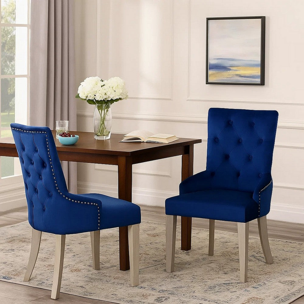 Side Chair with Button Tufted Back and Tapered Legs, Blue