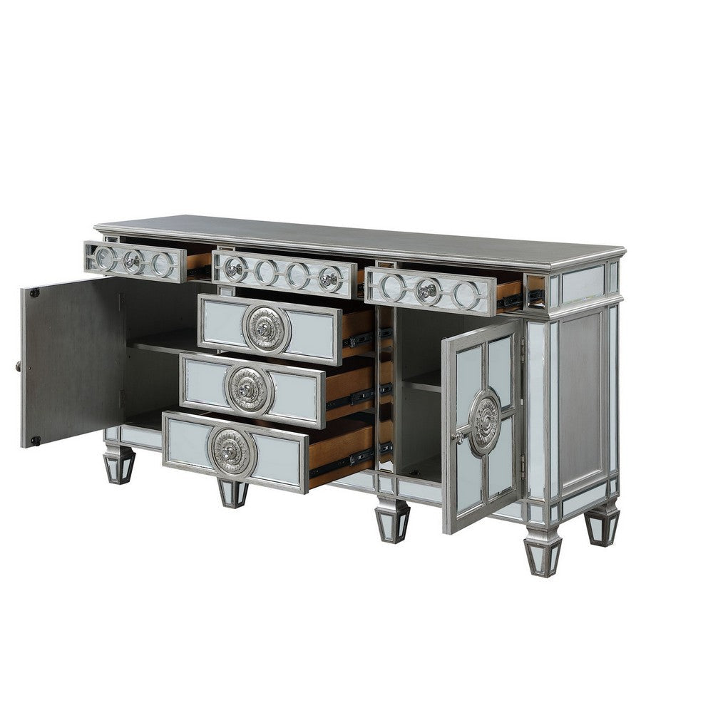 Server with 6 Mirrored Drawers and 2 Single Doors Silver By Casagear Home BM263898