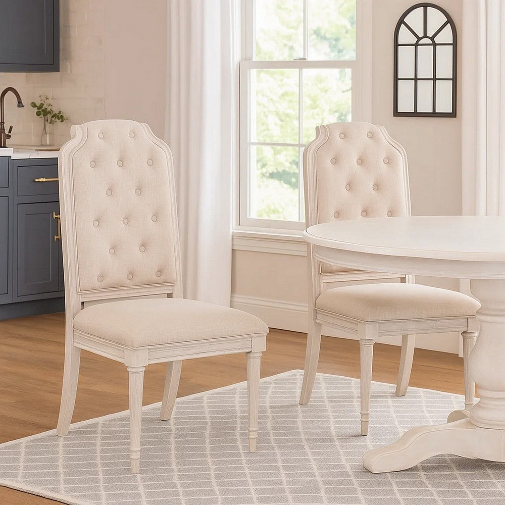Side Chair with Tapered Legs and Button Tufted Back, Set of 2, Beige