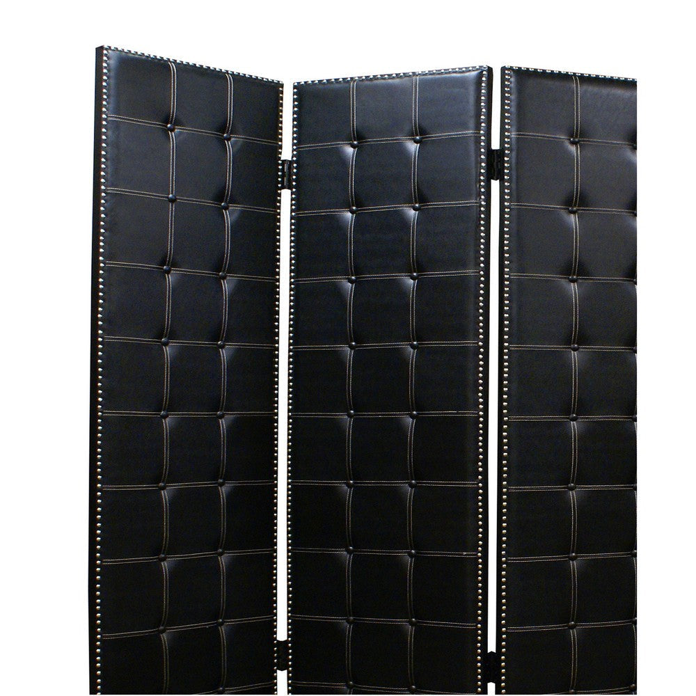 Wooden 4 Panel Screen with Button Tufting and Nailhead Trims Black By Casagear Home BM26463