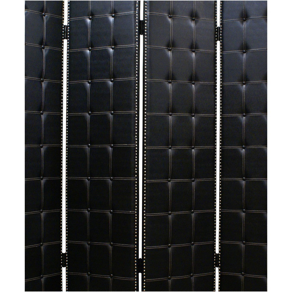 Wooden 4 Panel Screen with Button Tufting and Nailhead Trims Black By Casagear Home BM26463