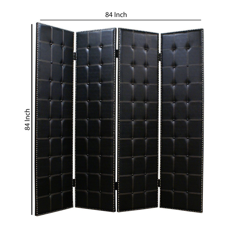 Wooden 4 Panel Screen with Button Tufting and Nailhead Trims Black By Casagear Home BM26463