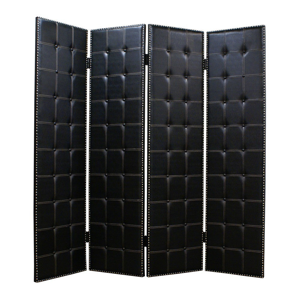 Wooden 4 Panel Screen with Button Tufting and Nailhead Trims, Black By Casagear Home