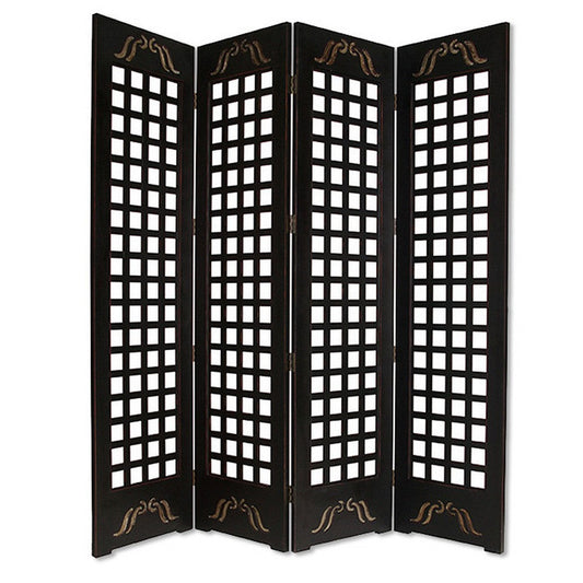 Wooden 4 Panel Screen with Asian Influenced Squares, Black and Gold