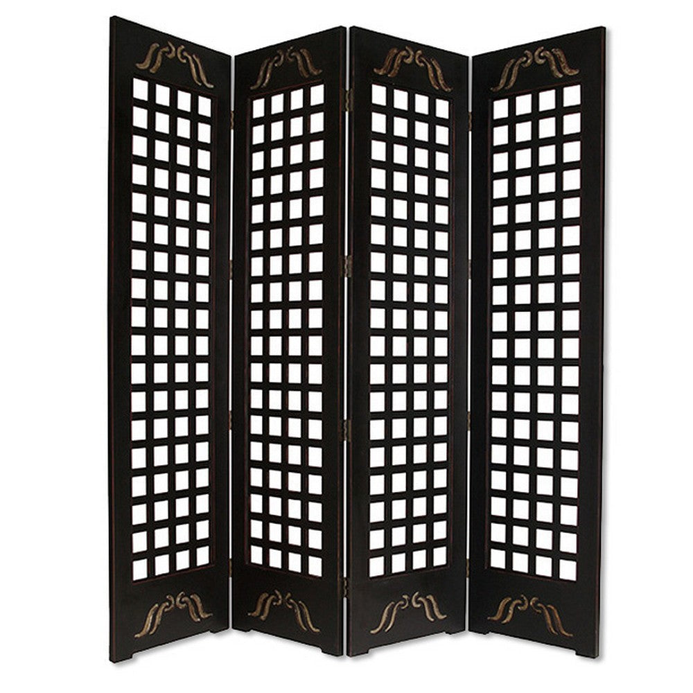 Wooden 4 Panel Screen with Asian Influenced Squares, Black and Gold