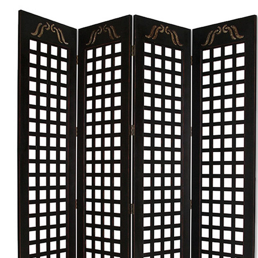 Wooden 4 Panel Screen with Asian Influenced Squares Black and Gold BM26464