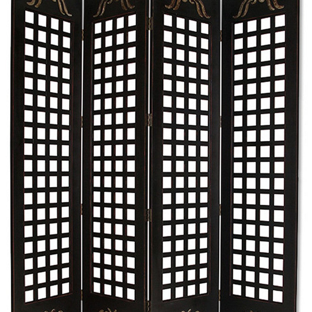 Wooden 4 Panel Screen with Asian Influenced Squares Black and Gold BM26464