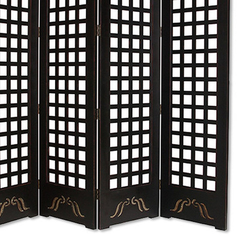 Wooden 4 Panel Screen with Asian Influenced Squares Black and Gold BM26464