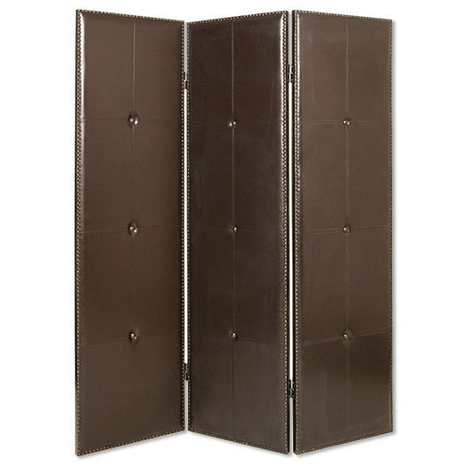 Wooden 3 Panel Screen with Button Tufting and Antique Nailheads, Brown