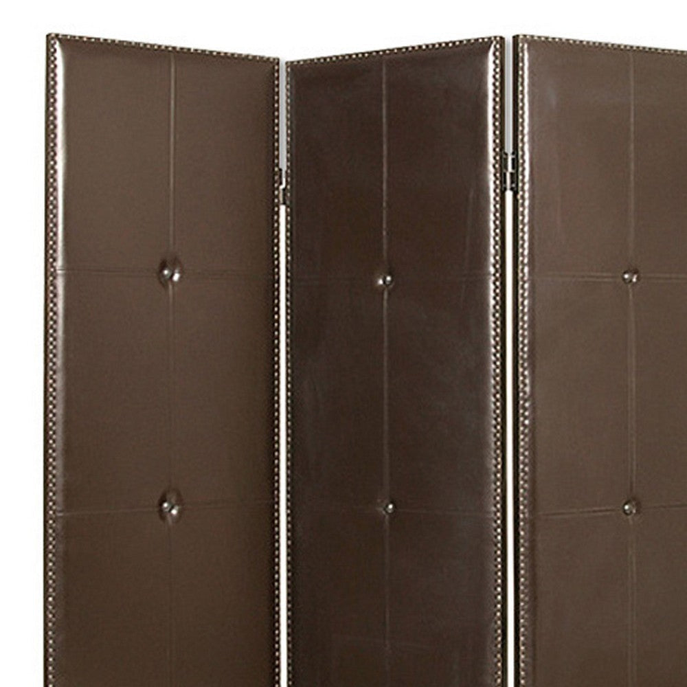 Wooden 3 Panel Screen with Button Tufting and Antique Nailheads Brown BM26468