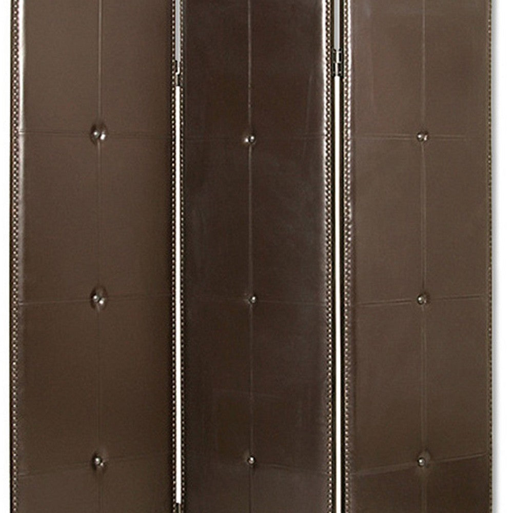 Wooden 3 Panel Screen with Button Tufting and Antique Nailheads Brown BM26468