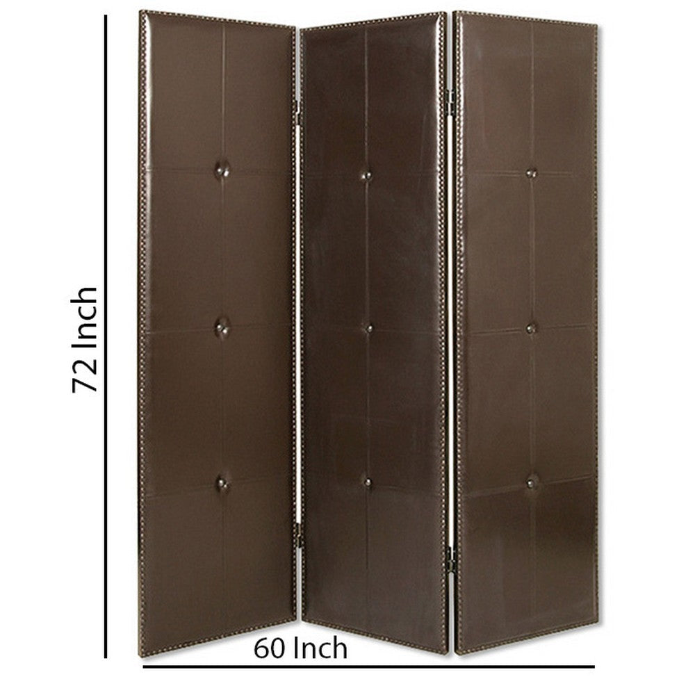 Wooden 3 Panel Screen with Button Tufting and Antique Nailheads Brown BM26468