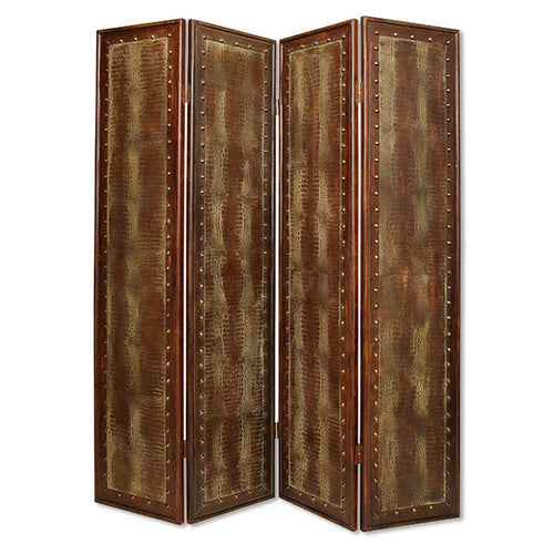 Wooden 4 Panel Floor Screen with Nailhead Trim Accents, Brown