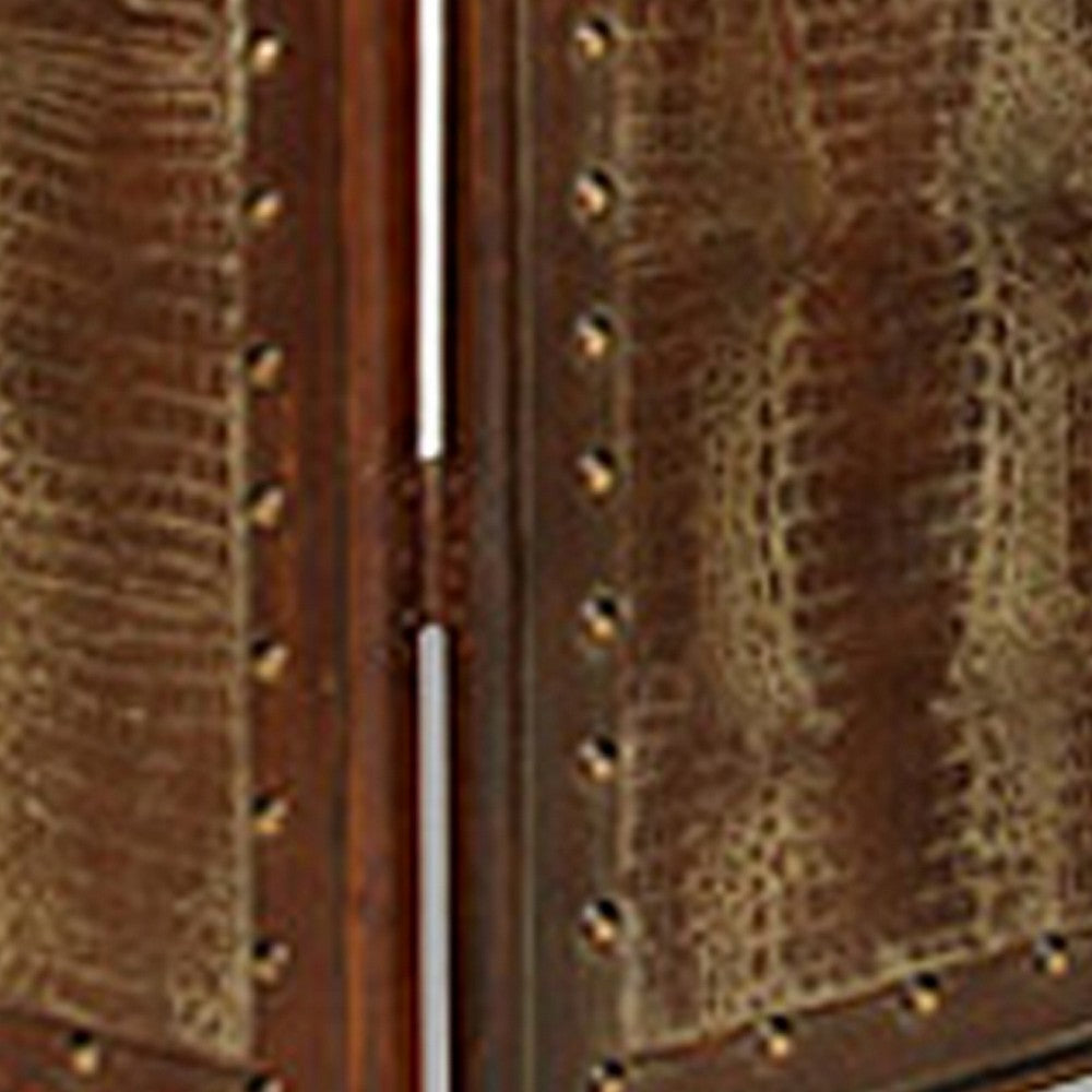 Wooden 4 Panel Floor Screen with Nailhead Trim Accents Brown BM26469