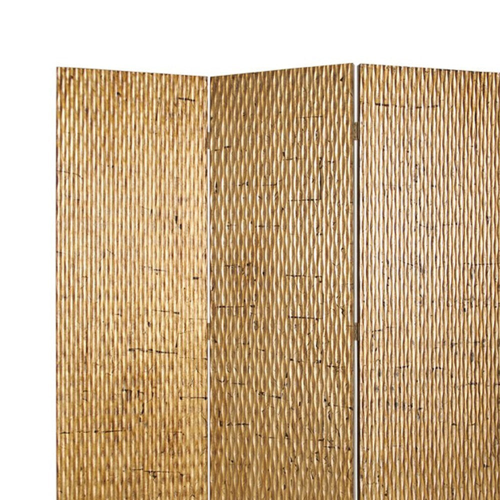 3 Panel Foldable Room Divider with Patterned Wood Panelling Gold BM26484