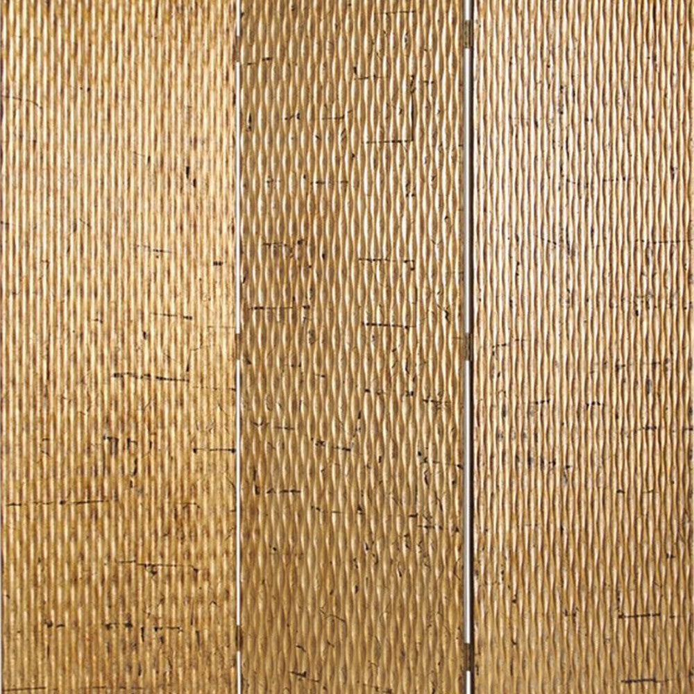 3 Panel Foldable Room Divider with Patterned Wood Panelling Gold BM26484
