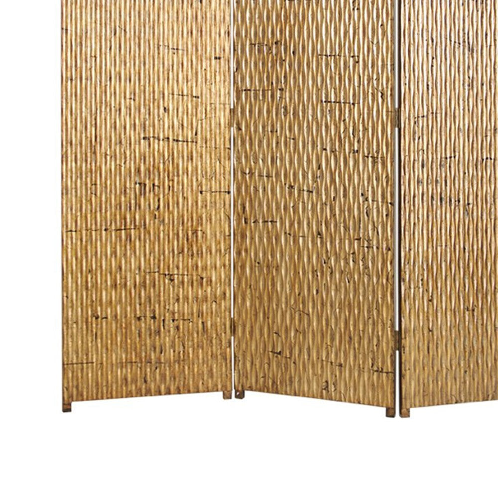 3 Panel Foldable Room Divider with Patterned Wood Panelling Gold BM26484