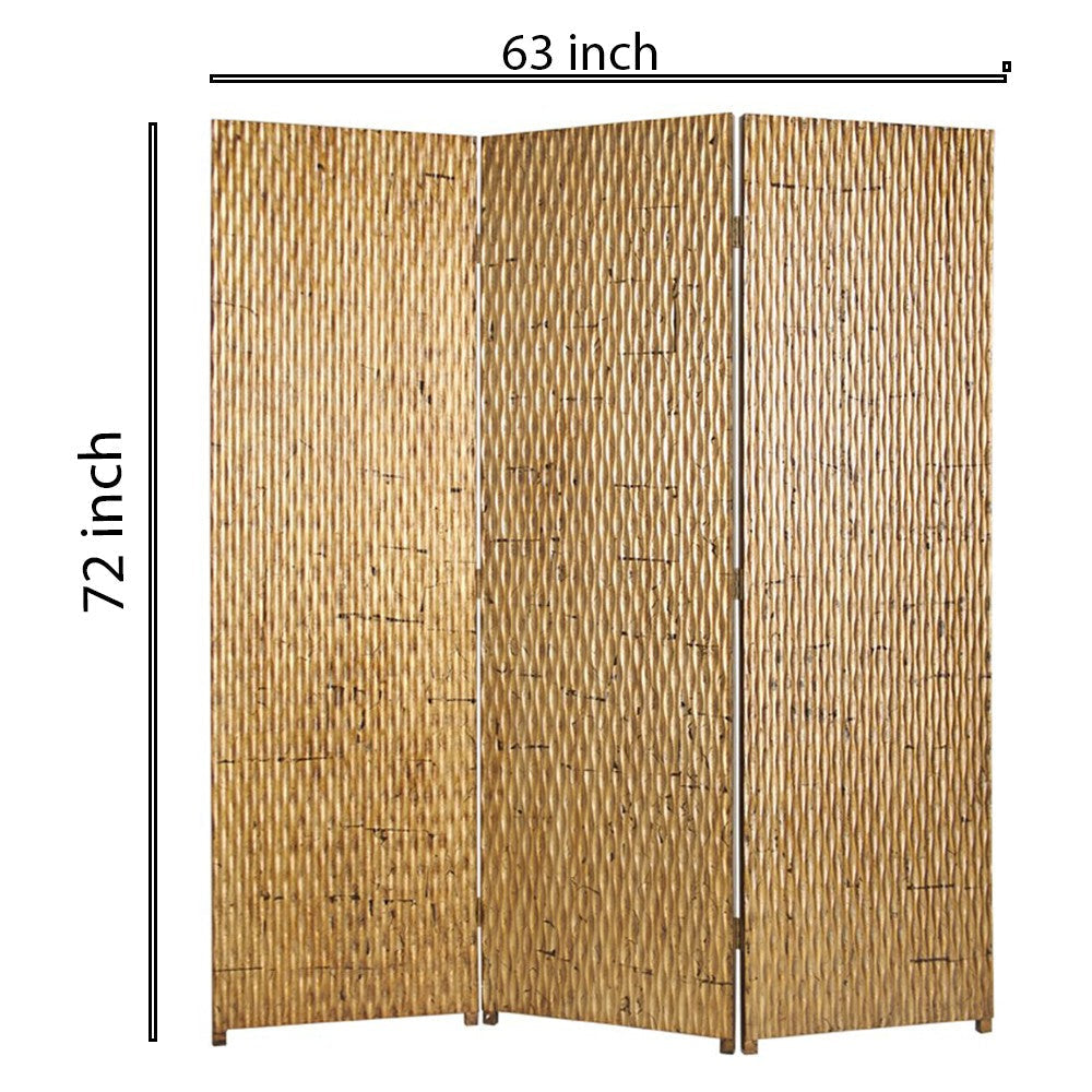 3 Panel Foldable Room Divider with Patterned Wood Panelling Gold BM26484
