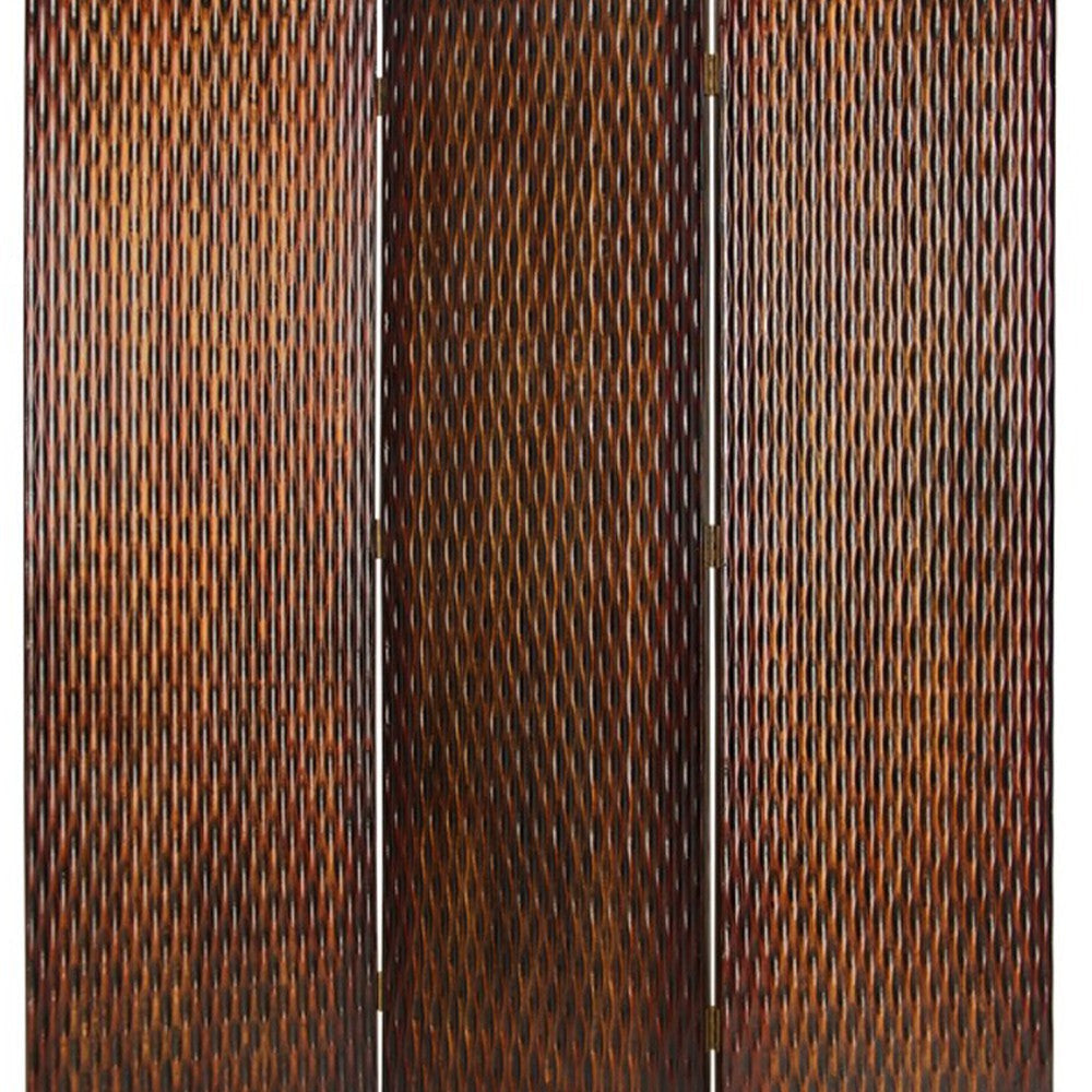 3 Panel Foldable Room Divider with Patterned Wood Panelling Brown BM26485