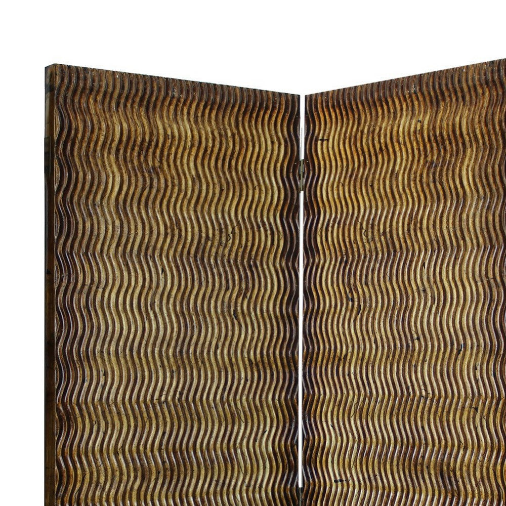 Dual Tone 3 Panel Wooden Foldable Room Divider with Wavy Design Brown BM26486