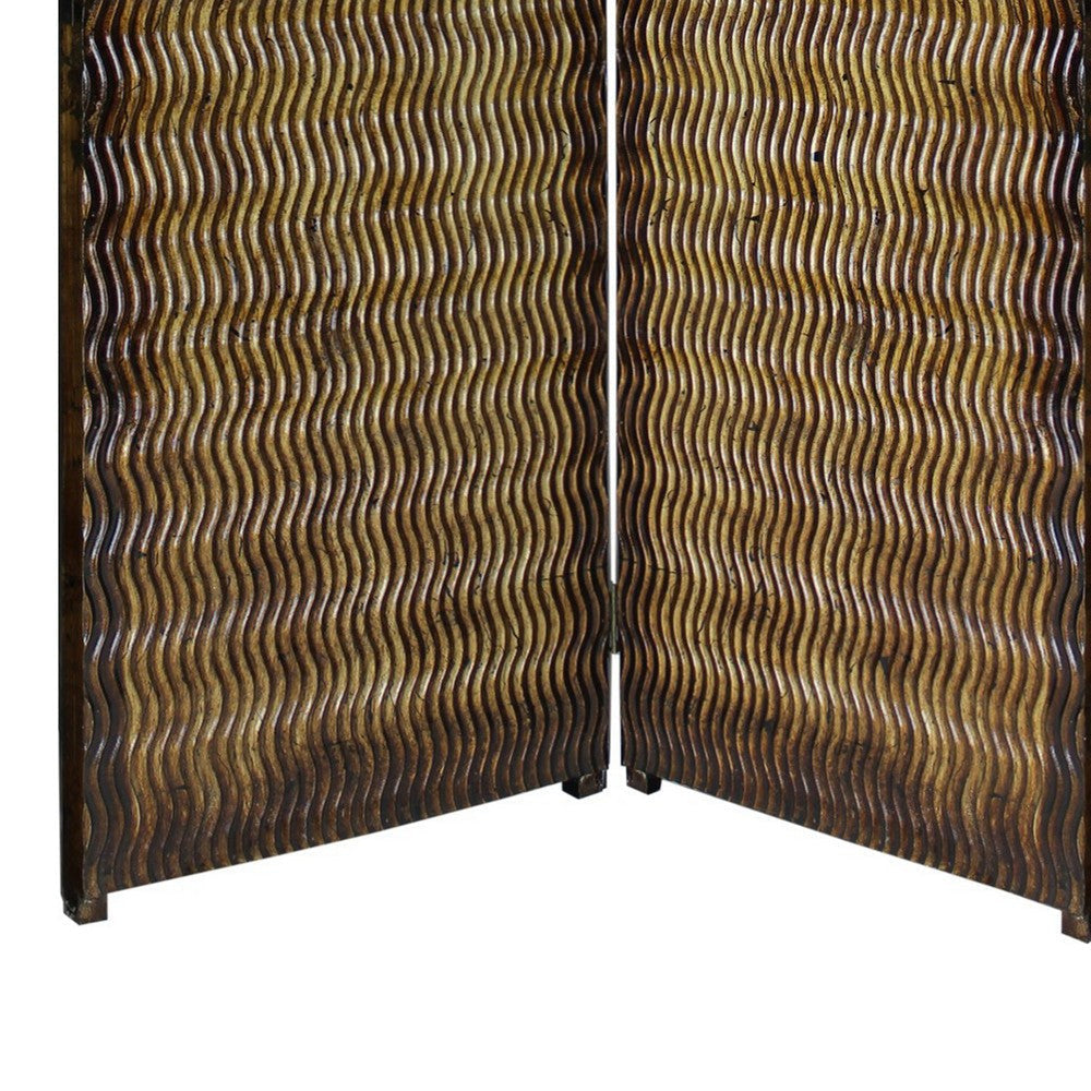 Dual Tone 3 Panel Wooden Foldable Room Divider with Wavy Design Brown BM26486