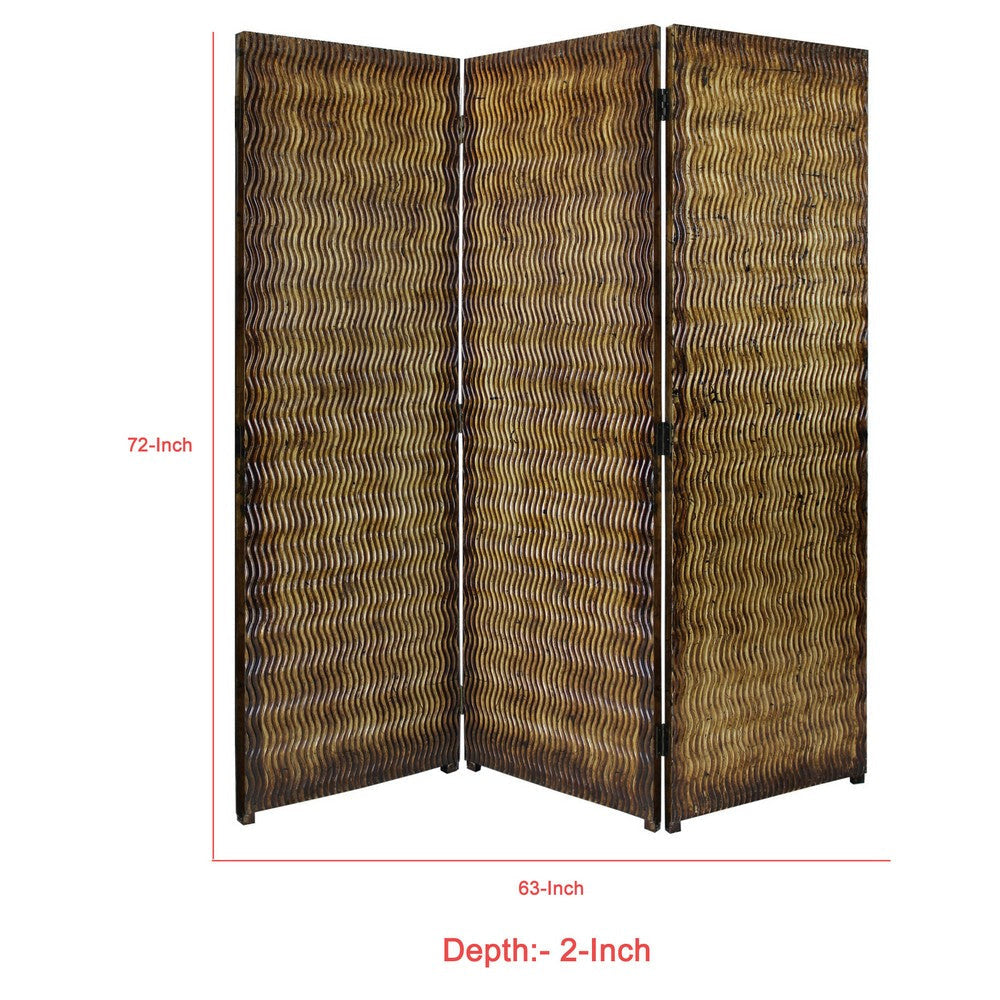 Dual Tone 3 Panel Wooden Foldable Room Divider with Wavy Design Brown BM26486