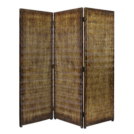 Dual Tone 3 Panel Wooden Foldable Room Divider with Wavy Design, Brown
