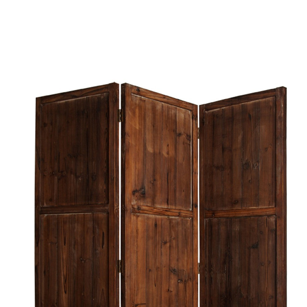 Wooden 3 Panel Room Divider with Plank Pattern Brown BM26488