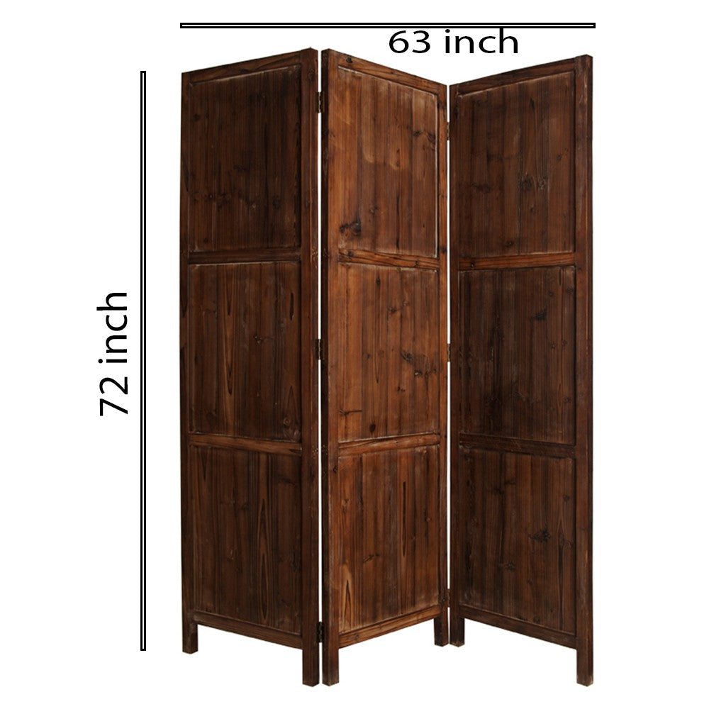 Wooden 3 Panel Room Divider with Plank Pattern Brown BM26488