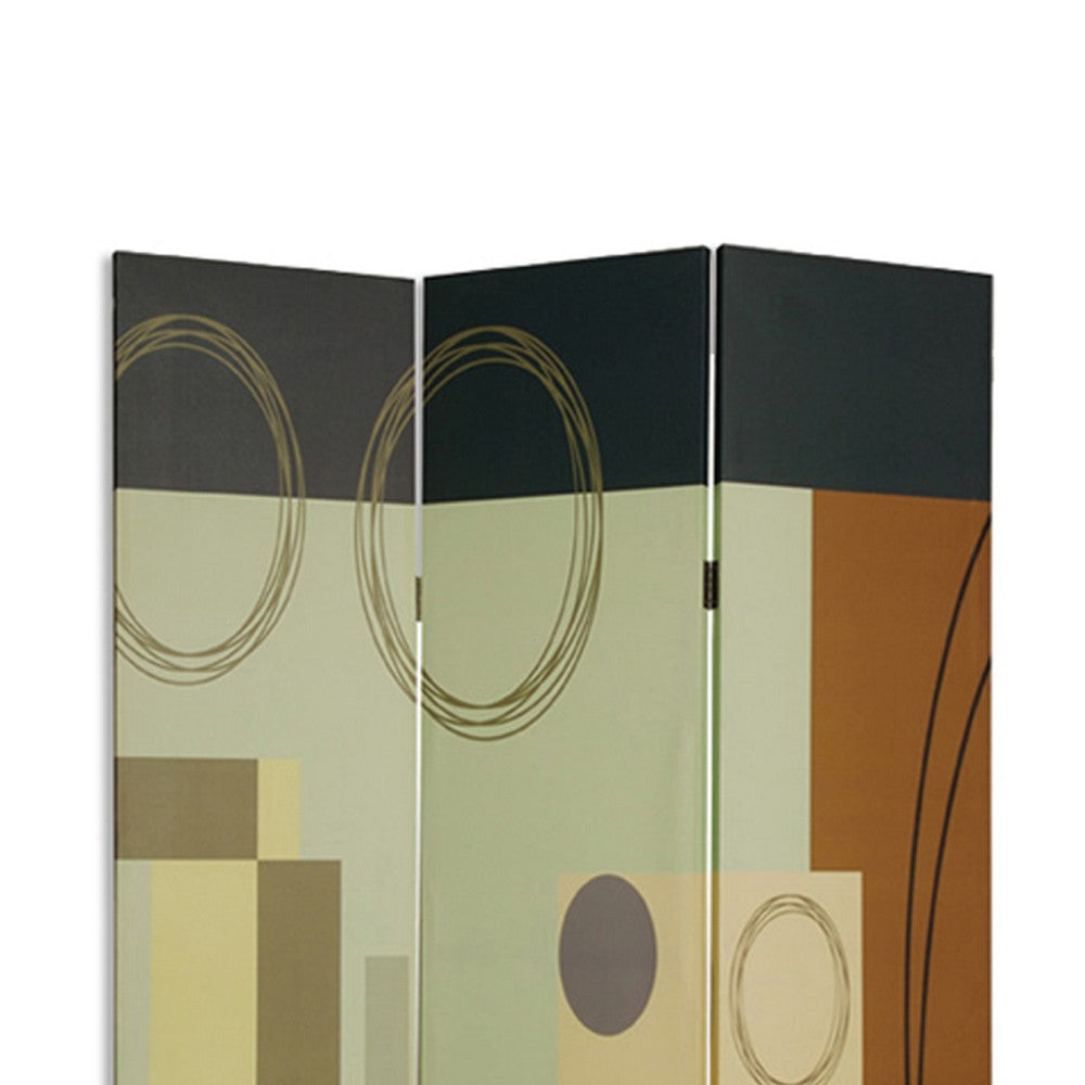 Wooden 3 Panel Canvas Room Divider with Geometric Pattern, Multicolor
