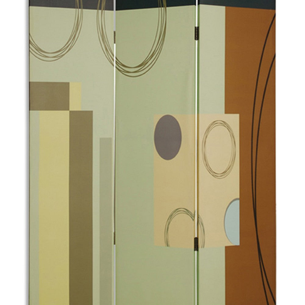Wooden 3 Panel Canvas Room Divider with Geometric Pattern, Multicolor