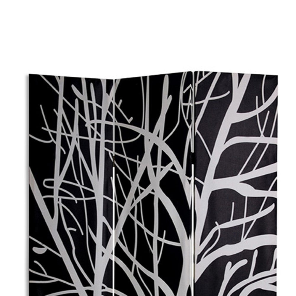 3 Panel Canvas Room Divider with Branch Pattern Black and White BM26497