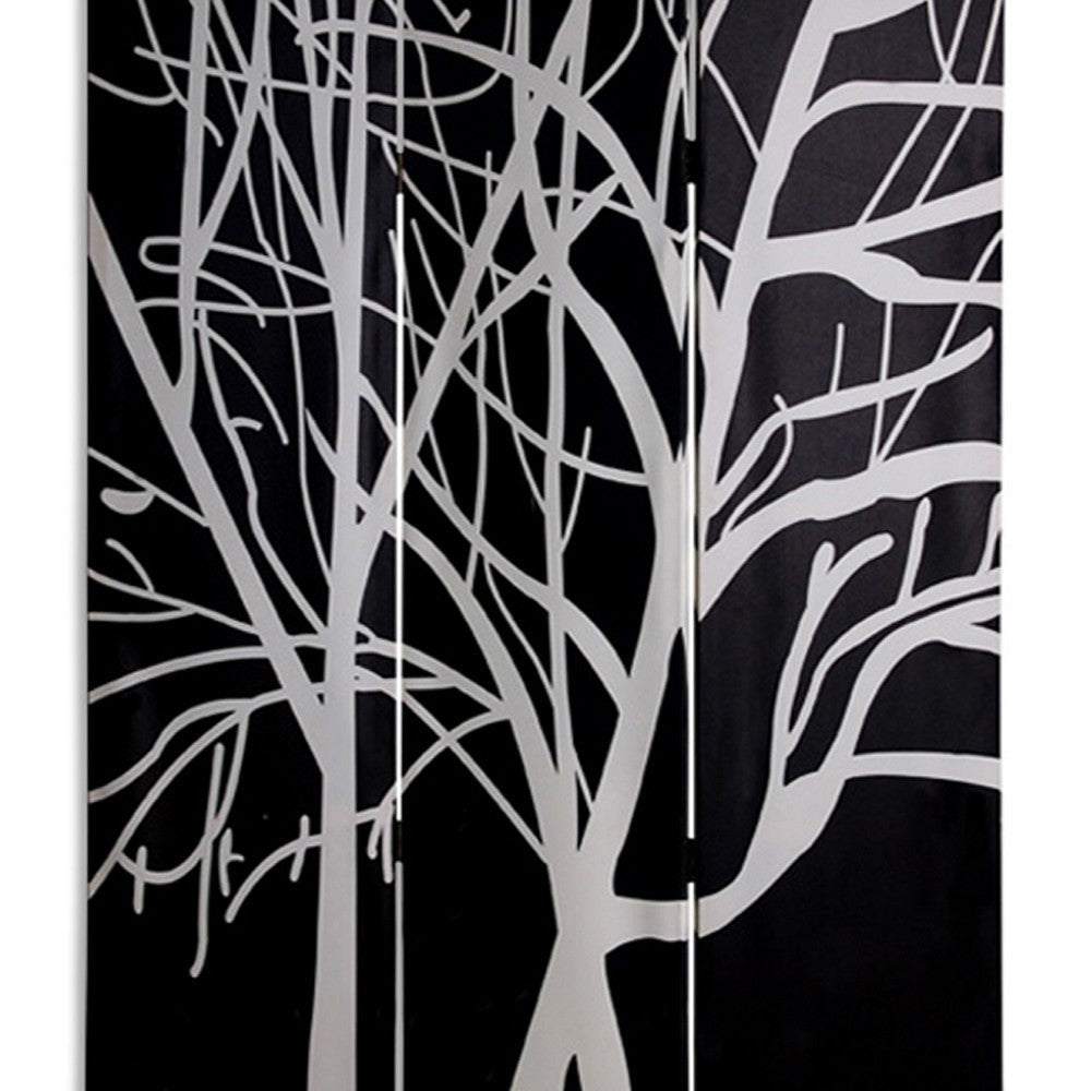 3 Panel Canvas Room Divider with Branch Pattern Black and White BM26497