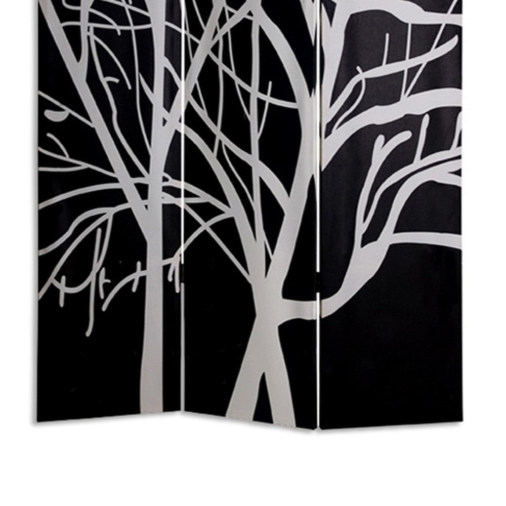 3 Panel Canvas Room Divider with Branch Pattern Black and White BM26497