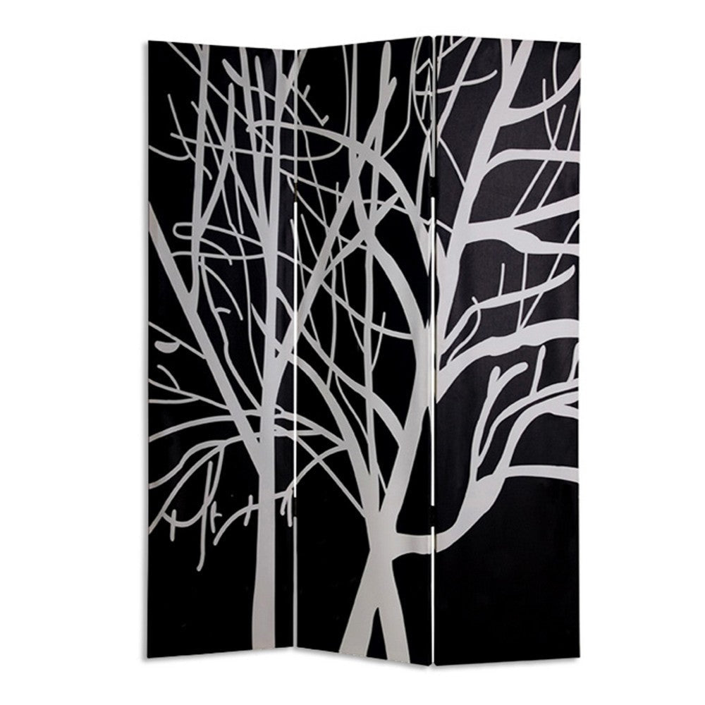 3 Panel Canvas Room Divider with Branch Pattern, Black and White