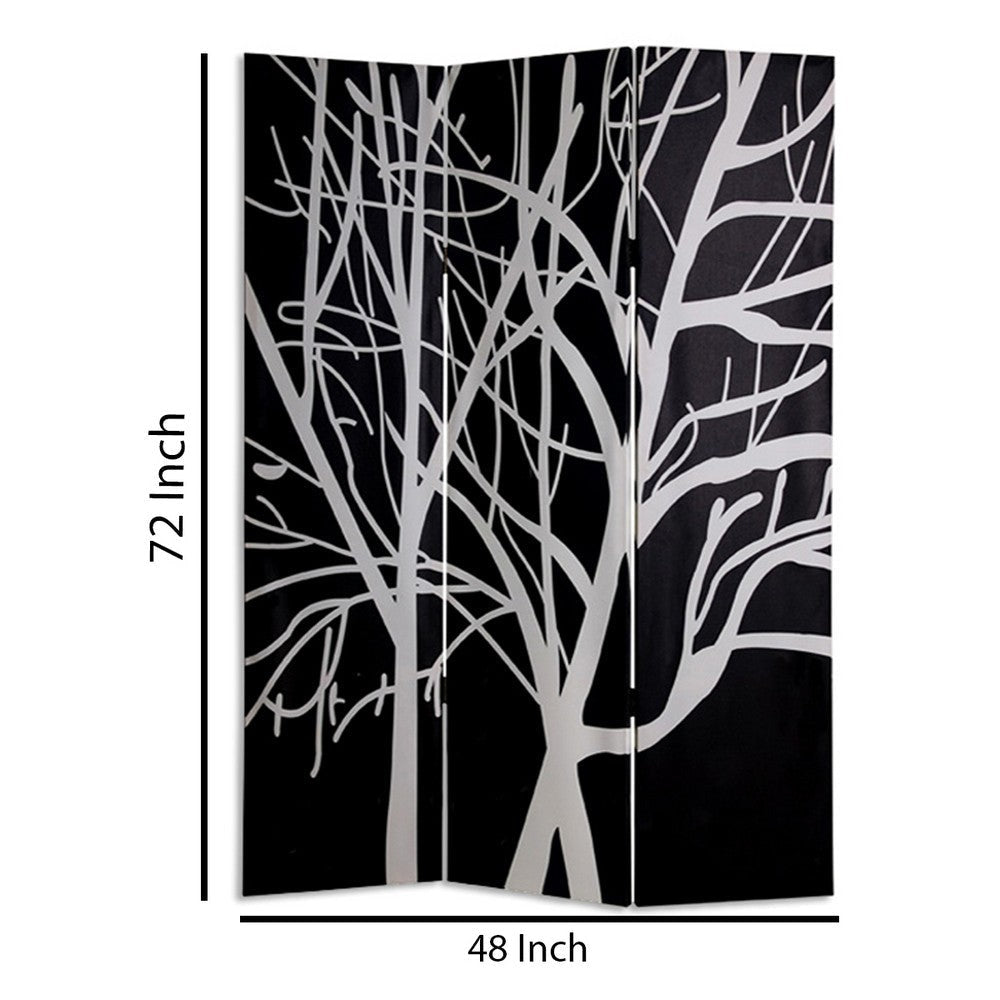 3 Panel Canvas Room Divider with Branch Pattern Black and White BM26497