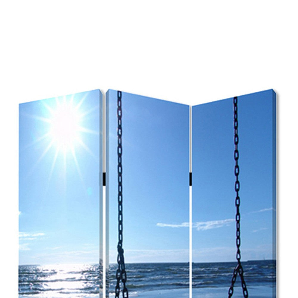 Wooden 3 Panel Room Divider with Seaside Screen Pattern Blue and Gray BM26498