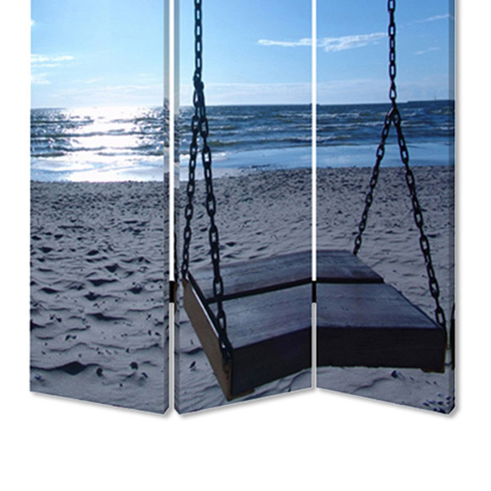Wooden 3 Panel Room Divider with Seaside Screen Pattern Blue and Gray BM26498
