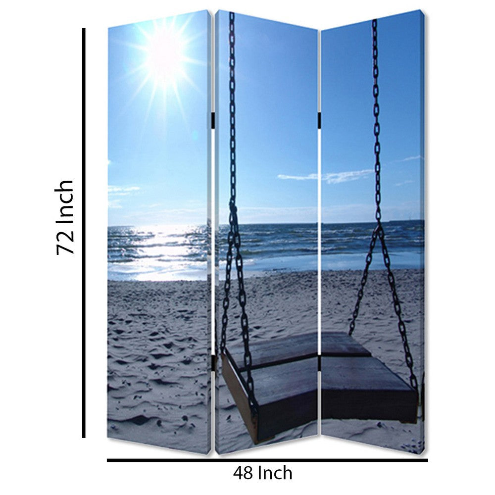 Wooden 3 Panel Room Divider with Seaside Screen Pattern Blue and Gray BM26498