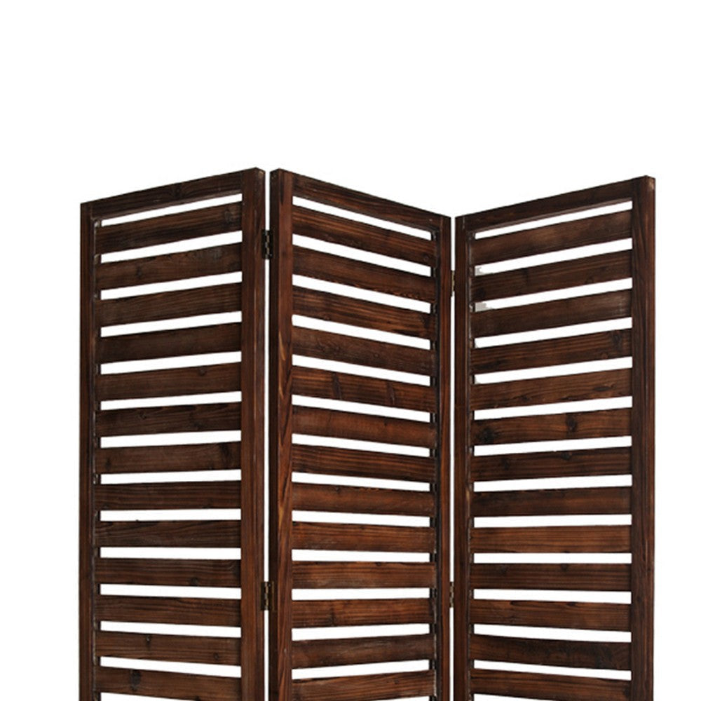 3 Panel Foldable Wooden Screen with Louver Pattern Dark Brown BM26501