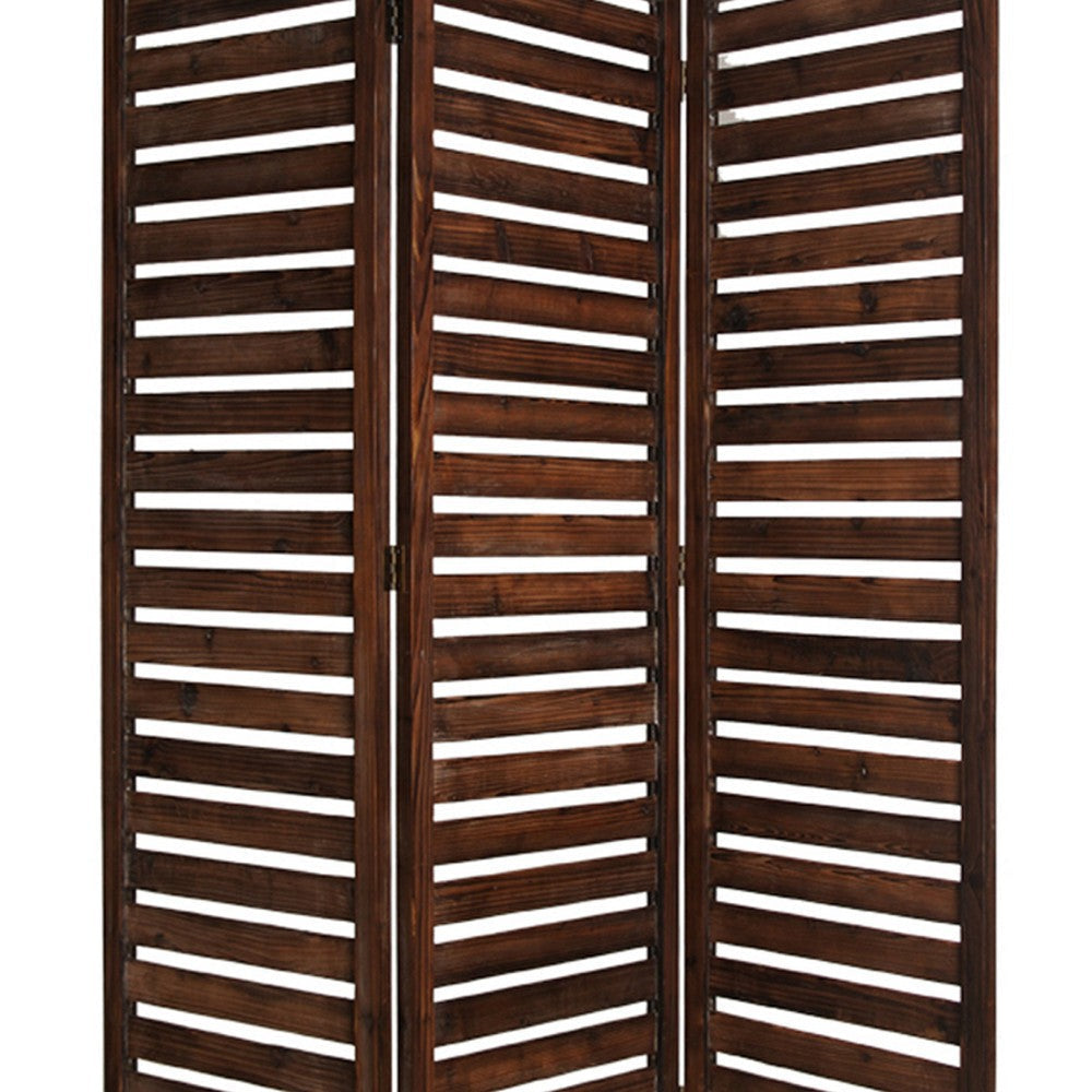3 Panel Foldable Wooden Screen with Louver Pattern Dark Brown BM26501