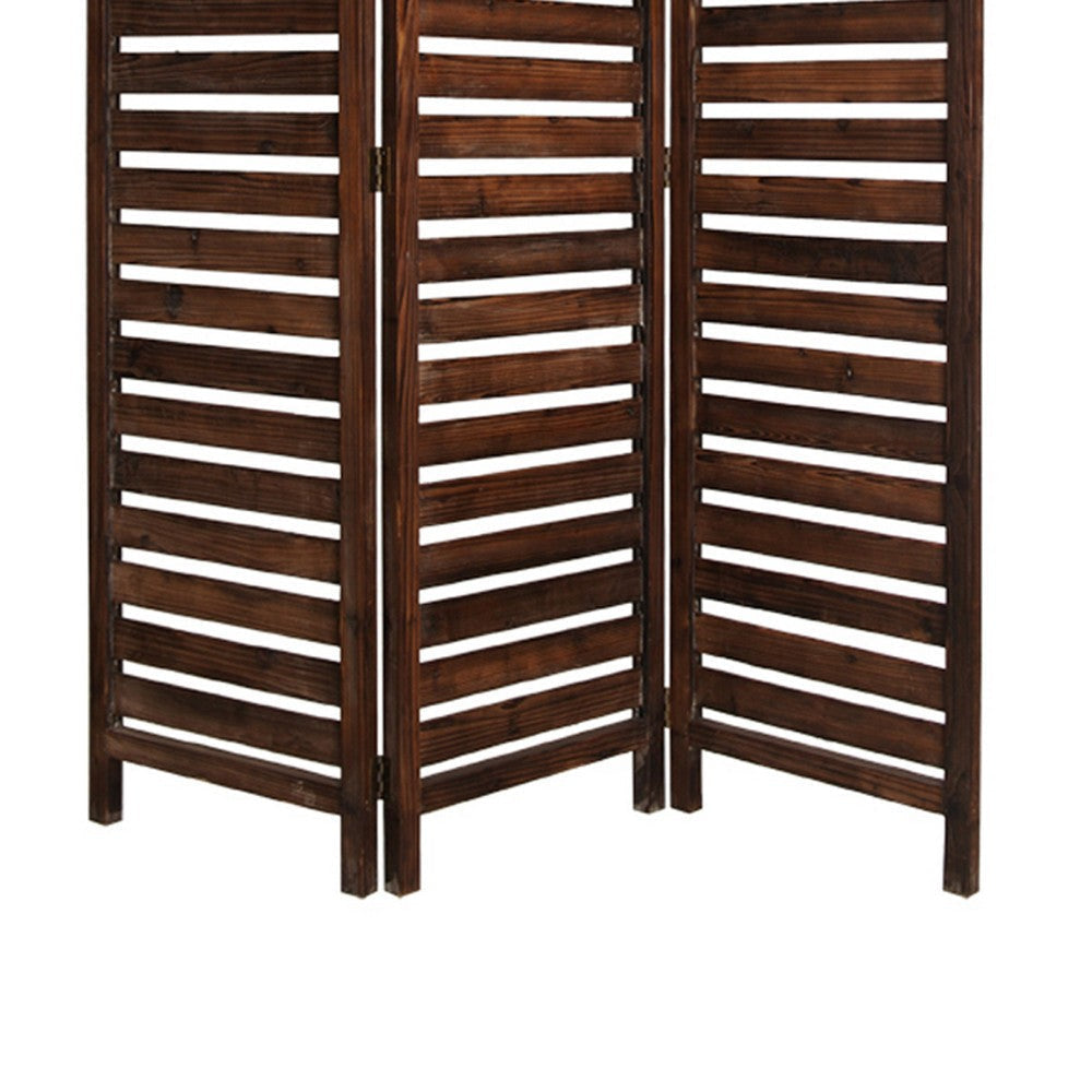 3 Panel Foldable Wooden Screen with Louver Pattern Dark Brown BM26501