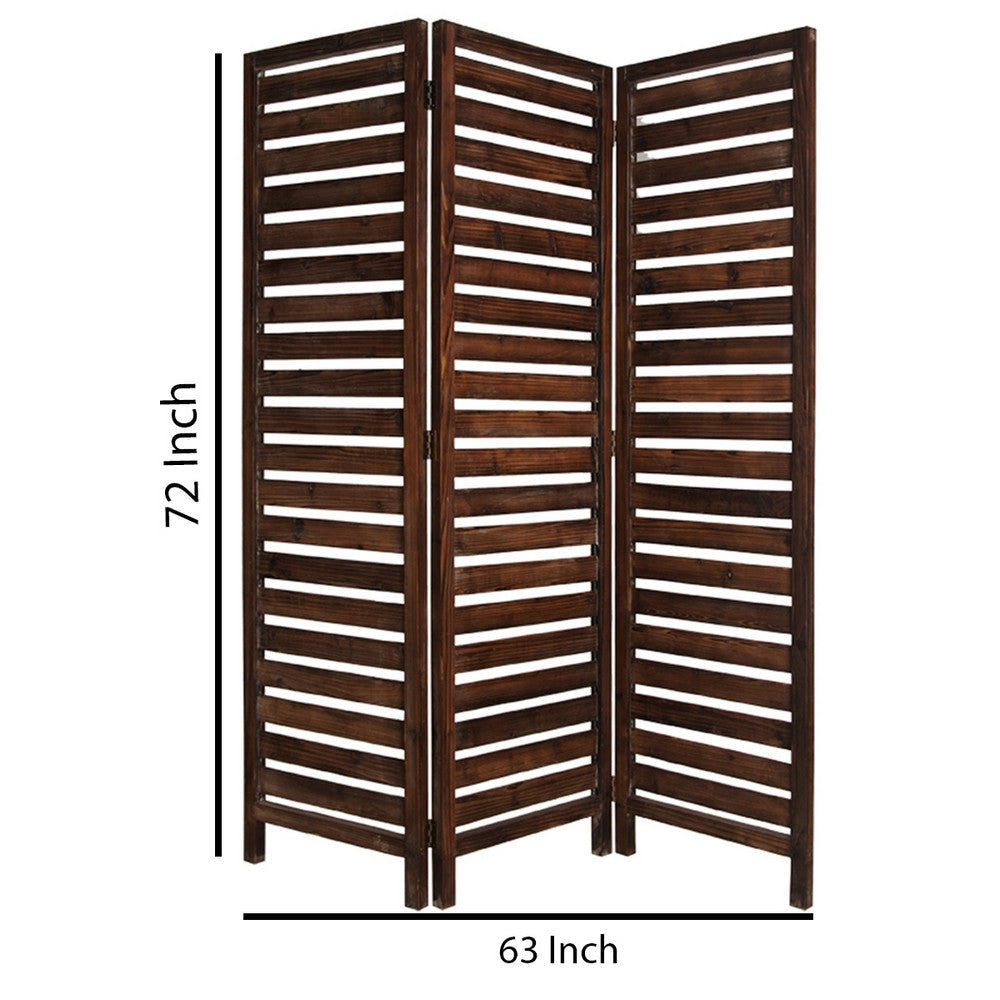 3 Panel Foldable Wooden Screen with Louver Pattern Dark Brown BM26501