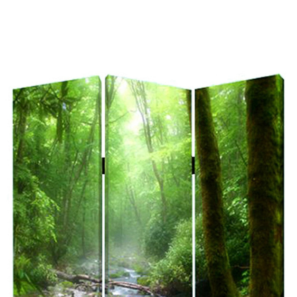 3 Panel Foldable Canvas Screen with Rainforest Print Green BM26514